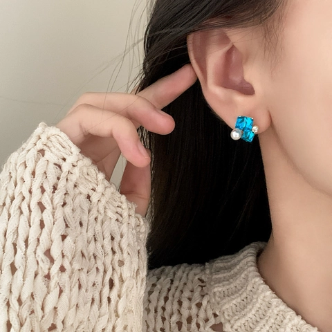 Women Blue Zircon Stud Earrings With 925 Sterling Silver Earring Post Faux Artificial Pearl Geometric Light Luxury Elegant Jewelry