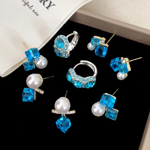 Women Blue Zircon Stud Earrings With 925 Sterling Silver Earring Post Faux Artificial Pearl Geometric Light Luxury Elegant Jewelry