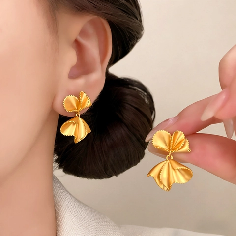 Orecchini A Bottone Con Fiocco Rame Placcato Oro Argento Opaco Design A Petali Pieghettati Con Perno In Rame Gioielli Moda