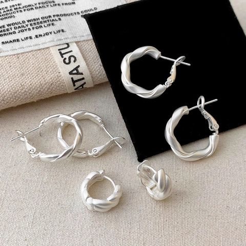 Twisted Hoop Earrings Matte Silver Tone Copper With 925 Sterling Silver Earring Post Minimalist Jewelry For Women
