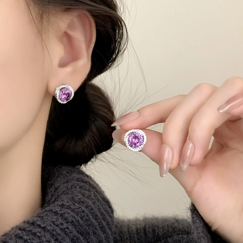 Violette Zirkonia Runde Halo Kupfer Ohrstecker Und Verstellbares Armband Für Frauen Eleganter Schmuck