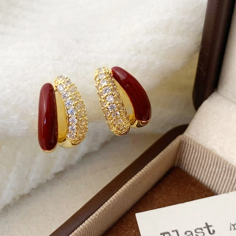 C-Shaped Stud Earrings With Ankara Red Enamel And Zircon Micro-Set In 14K Gold Plated Copper For Women Vintage