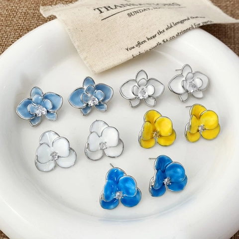 Elegant Enamel Flower Stud Earrings Copper Floral Ear Jewelry With Sparkling Zircon For Women Daily Versatile Accessory
