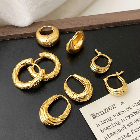 Vintage Vergulde Koperen Creolen Getextureerd Geometrisch Ruitvormig Spiraal U-Vorm Minimalistisch Elegante Sieraden Dames