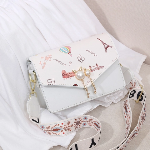 Women Fashion PU Leather Shoulder Crossbody Bag Travel Print Small Square Bag With Pearl Cat Ear Lock Wide Strap