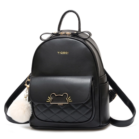 Mini Mochila de Moda para Mujer en Cuero PU Acolchado con Cierre de Oreja de Gato y Colgante de Bola de Pelo para Viajes