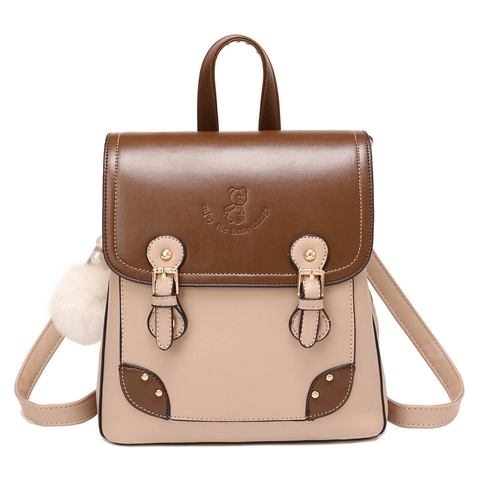 Mini Mode Rucksack Für Damen PU Leder Kontrastfarbe Süße Bärenprägung Mit Fellknäuel Anhänger Lässige Schultasche