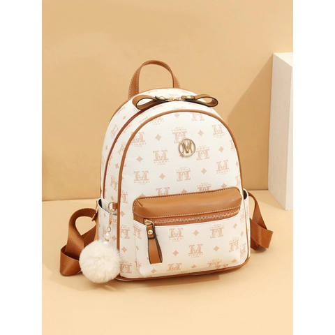 Zaino Da Donna Con Stampa Monogramma In Pelle PU Borsa Per La Scuola Alla Moda Con Pompon In Peluche E Spallacci Regolabili