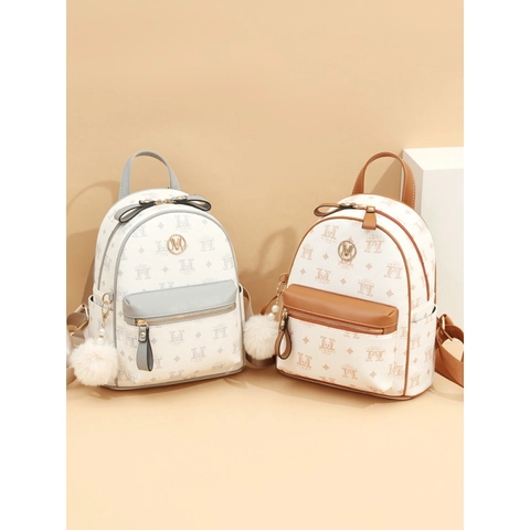 Zaino Da Donna Con Stampa Monogramma In Pelle PU Borsa Per La Scuola Alla Moda Con Pompon In Peluche E Spallacci Regolabili