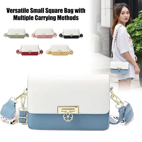 Sac À Bandoulière Femme Cuir PU Color-Block Carré Sac Bandoulière Deux Sangles Interchangeables Jacquard Large Serrure Florale