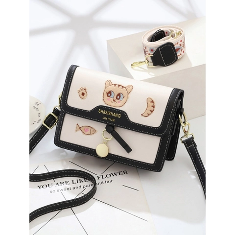 Bolso de Hombro para Mujer Moda Bordado de Gato Cuero PU Bolso Bandolera Pequeño Cuadrado Bloque de Color con Dos Correas
