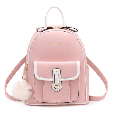 Mochila de Cuero PU de Moda para Mujer Estilo Coreano Dulce Mochila Escolar para Adolescentes Mochila de Viaje con Colgante de Bola de Peluche