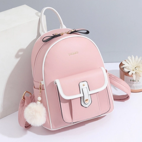 Mochila de Cuero PU de Moda para Mujer Estilo Coreano Dulce Mochila Escolar para Adolescentes Mochila de Viaje con Colgante de Bola de Peluche