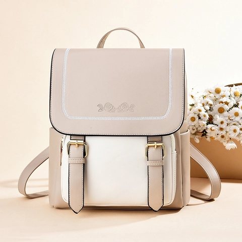 Mochila De Moda Para Mujer Cuero PU Color De Contraste Rosa Relieve Pequeña Bolsa De Libros Retro Estilo Británico Niñas