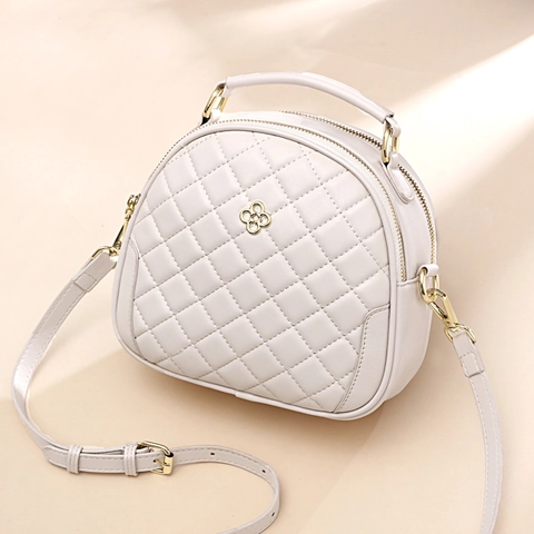 Quilted Diamond Lattice PU Leather Crossbody Bag For Women Golden Clover Logo Double Zipper Top Handle Handbag