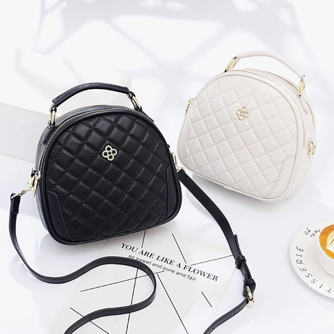 Quilted Diamond Lattice PU Leather Crossbody Bag For Women Golden Clover Logo Double Zipper Top Handle Handbag