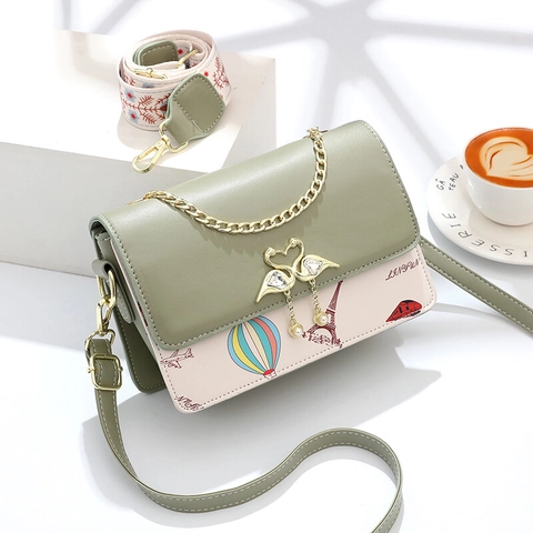 Bolso de Hombro de Cuero PU de Moda para Mujer Estampado de París Torre Eiffel Hebilla de Cisne Bolso Cuadrado Con Correa de Bordado Ancha