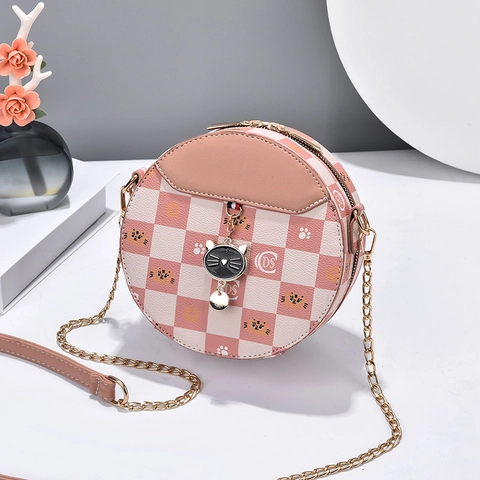 Süße Damen Cartoon Katze Schachbrettmuster Kleine Runde Tasche Mode PU Leder Kette Schultertasche Kontrastfarbe Umhängetasche Für Mädchen
