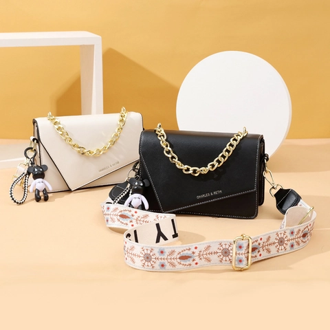 Women Shoulder Bag PU Leather Asymmetric Flap Chain Handle Wide Jacquard Strap Crossbody Small Square Handbag With Charm