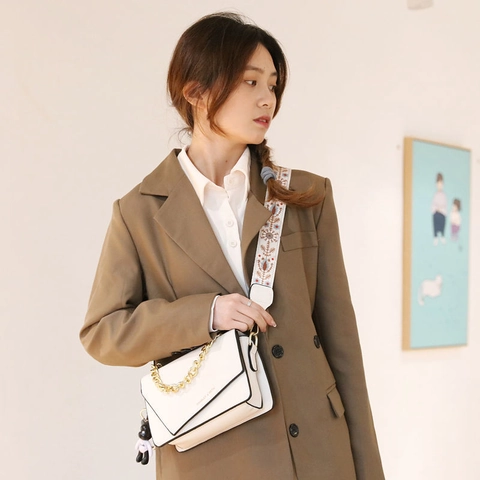 Women Shoulder Bag PU Leather Asymmetric Flap Chain Handle Wide Jacquard Strap Crossbody Small Square Handbag With Charm