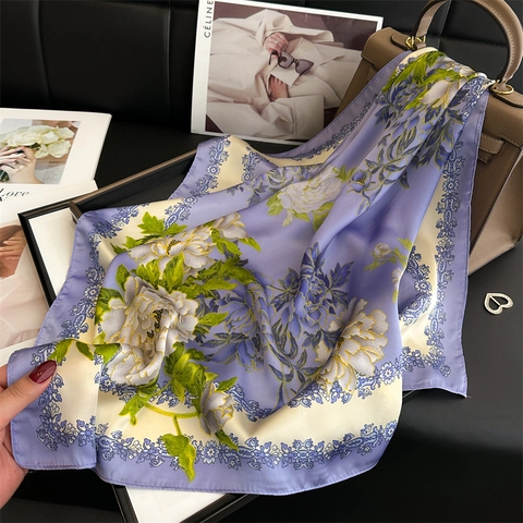 Peony Floral Print Faux Satin Square Scarf Elegant Satin Finish Sunscreen Neck Scarf Retro Shawl Wrap For Women