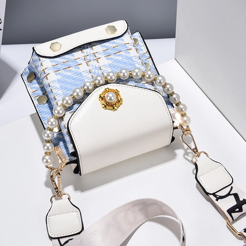 Women Mini Crossbody Phone Bag Tweed PU Leather Plaid Square Bag Artificial Pearl Handle Wide Strap Elegant Fashion Shoulder Bag