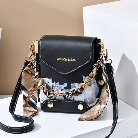 Women's Mini Mobile Phone Crossbody Bag Fashion Cartoon Bear Cat Dog Print PU Leather Shoulder Bag With Scarf Chain Strap