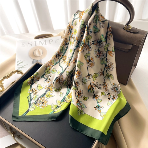 Elegant Floral Butterfly Print Square Scarf Faux Satin Lightweight Neck Kerchief Head Scarf For Women Fresh Style