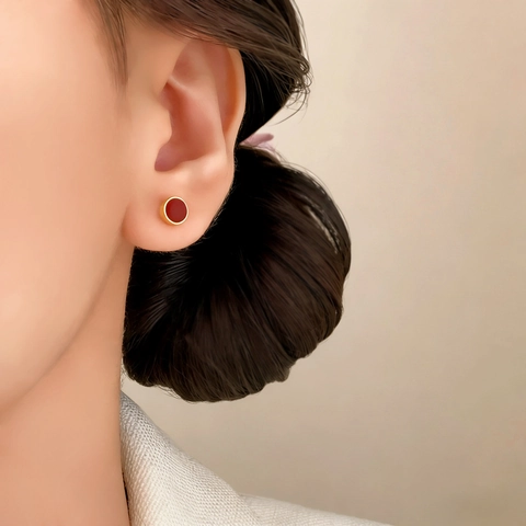 Round Stud Earrings Enamel Gold Plated Copper With 925 Sterling Silver Earring Post Ancora Red Vintage Jewelry Women