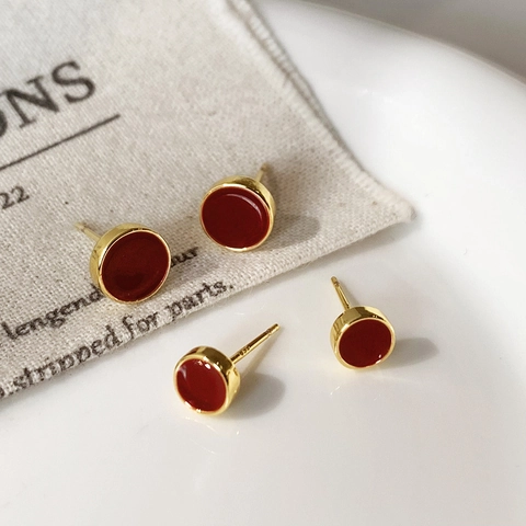 Round Stud Earrings Enamel Gold Plated Copper With 925 Sterling Silver Earring Post Ancora Red Vintage Jewelry Women