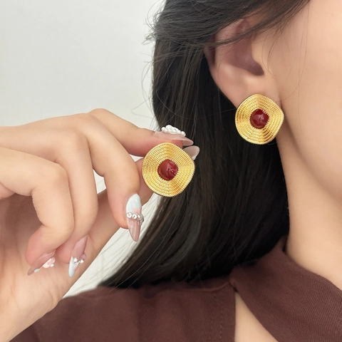 Retro French Style Ripple Geometric Copper Earrings With Copper Earring Post High End Niche Accessories Women