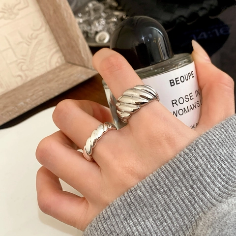 Croissant Ring And Twisted Braided Band For Women Copper And 925 Sterling Silver Geometric Jewelry