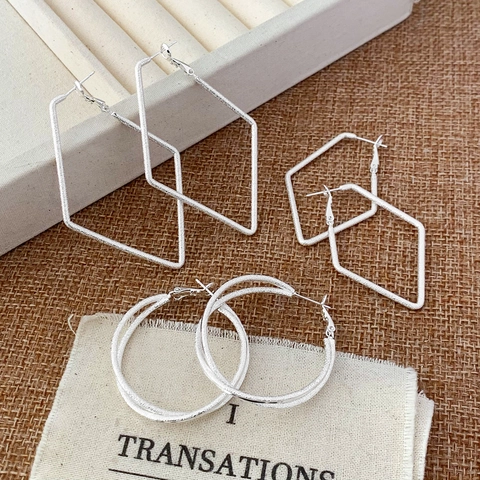 Geometric Hoop Earrings Silver Plated Frosted Copper Square Rhombus Minimalist Jewelry Accessories