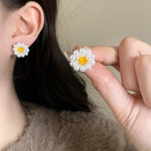 Daisy Flower Stud Earrings Faux Artificial Pearl Natural Stone Copper 14K Gold Plated With 925 Sterling Silver Earring Post