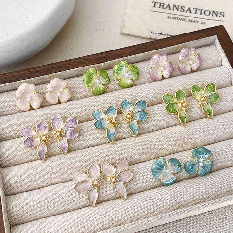 Bloem Oorknopjes Koper Emaille Glazuur Floraal Kunstparel Zirkoon Elegante Sieraden Accessoires Voor Dames