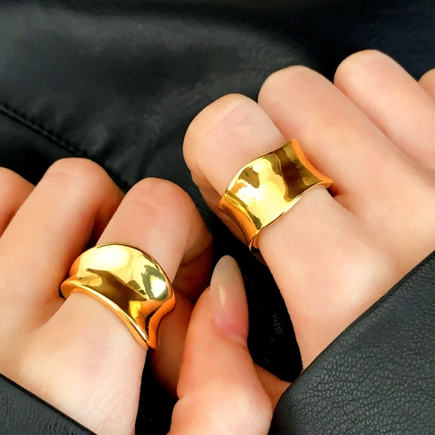 Unregelmäßiger Wellenbreitring Kupfer Polierter Spiegel Flüssigmetalltextur Konkav Minimalistischer Modeschmuck Für Frauen