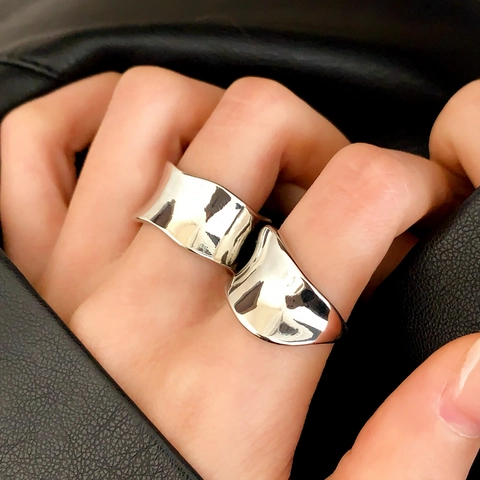 Unregelmäßiger Wellenbreitring Kupfer Polierter Spiegel Flüssigmetalltextur Konkav Minimalistischer Modeschmuck Für Frauen