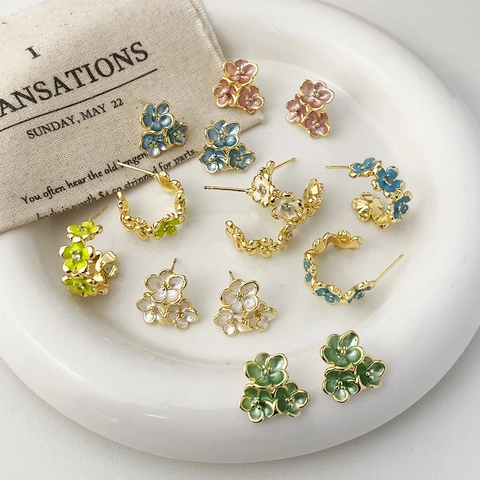 Franse Retro Bloemen Koperen Oorbellen Met Emaille Druppelolie 14K Vergulden Vintage Bloem Studs Hoepels Sieraden Voor Dames