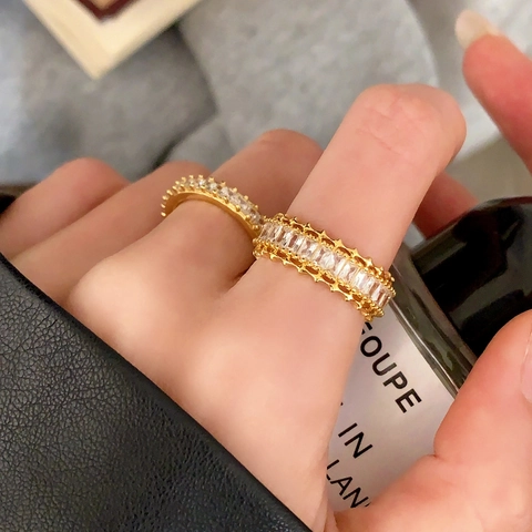 Anello Aperto Regolabile Fascia Eternità Zircone Baguette Rame Placcato Oro Gioielli Minimalisti Vintage Per Donne