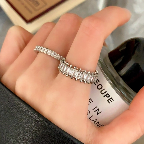Anello Aperto Regolabile Fascia Eternità Zircone Baguette Rame Placcato Oro Gioielli Minimalisti Vintage Per Donne