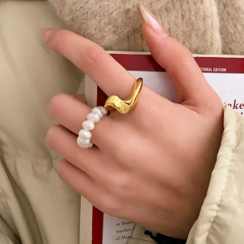 Adjustable Minimalist Wavy Copper Ring With Freshwater Pearl Irregular Liquid Metal Design For Women