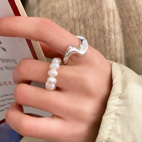 Adjustable Minimalist Wavy Copper Ring With Freshwater Pearl Irregular Liquid Metal Design For Women