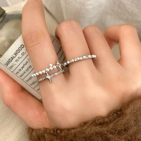 Artificial Pearl Ring For Women Copper Adjustable Double Layered Star Zirconia Simple Fashion Versatile Elegant Jewelry