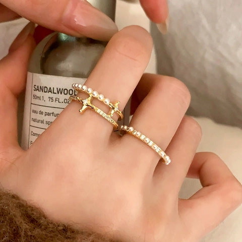 Artificial Pearl Ring For Women Copper Adjustable Double Layered Star Zirconia Simple Fashion Versatile Elegant Jewelry