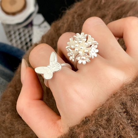 Matte Copper Adjustable Rings For Women 3D Flower Butterfly Brushed Gold Silver Plated Elegant Minimalist Niche Jewelry