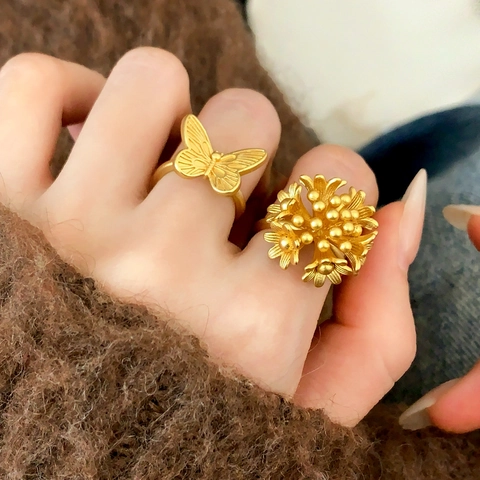 Matte Copper Adjustable Rings For Women 3D Flower Butterfly Brushed Gold Silver Plated Elegant Minimalist Niche Jewelry