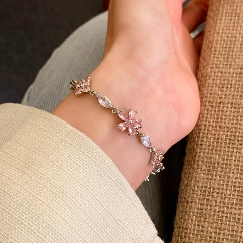 Bracciale Con Fiore Di Zircone Rosa Per Donna Rame Delicato Placcato Argento Catena Regolabile Gioielli Eleganti