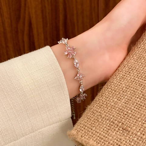 Bracciale Con Fiore Di Zircone Rosa Per Donna Rame Delicato Placcato Argento Catena Regolabile Gioielli Eleganti