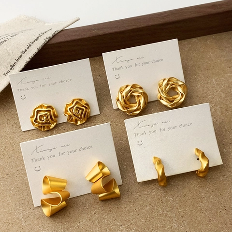French Minimalist Matte Gold Stud Earrings With Copper Earring Post Vintage Elegant Flower Ribbon Geometric For Women