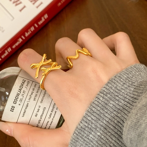 Elegant Adjustable Open Copper Ring With Bow And Wave Design Minimalist Korean Style Finger Jewelry For Women
